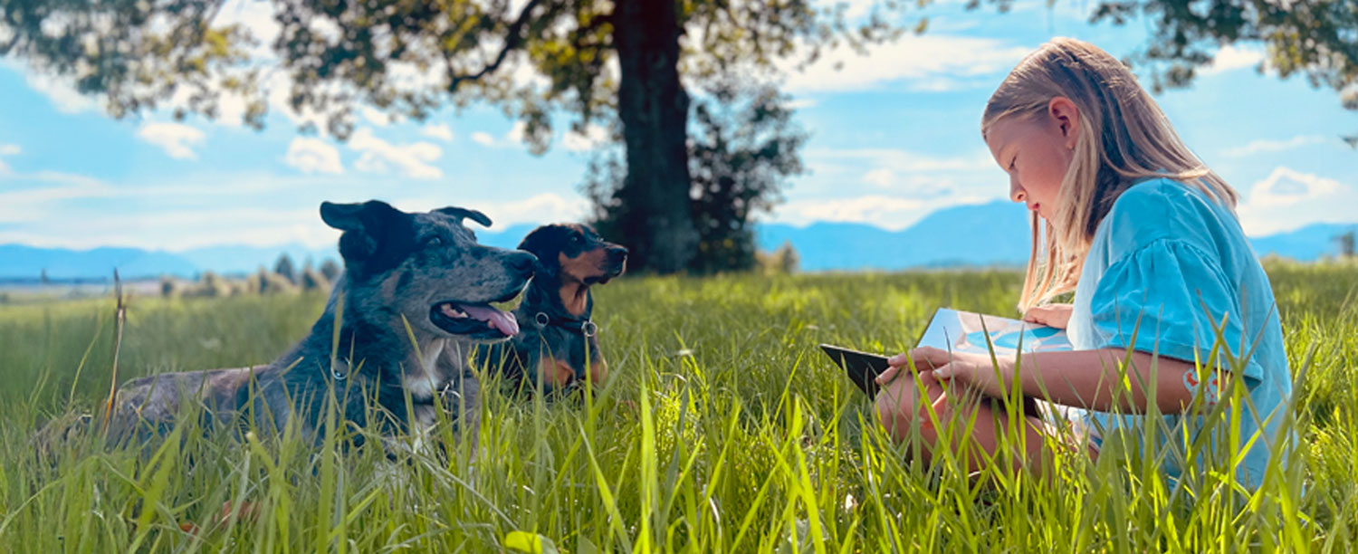 Kind liest im Buch, Hunde schauen zu